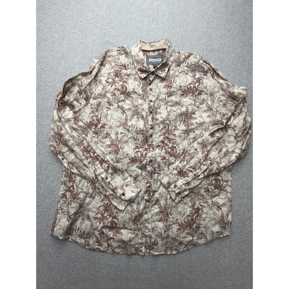 32 Bar Blues Shirt Mens 2XL Beige Palm Linen Long Sleeve Button Casual Tropical